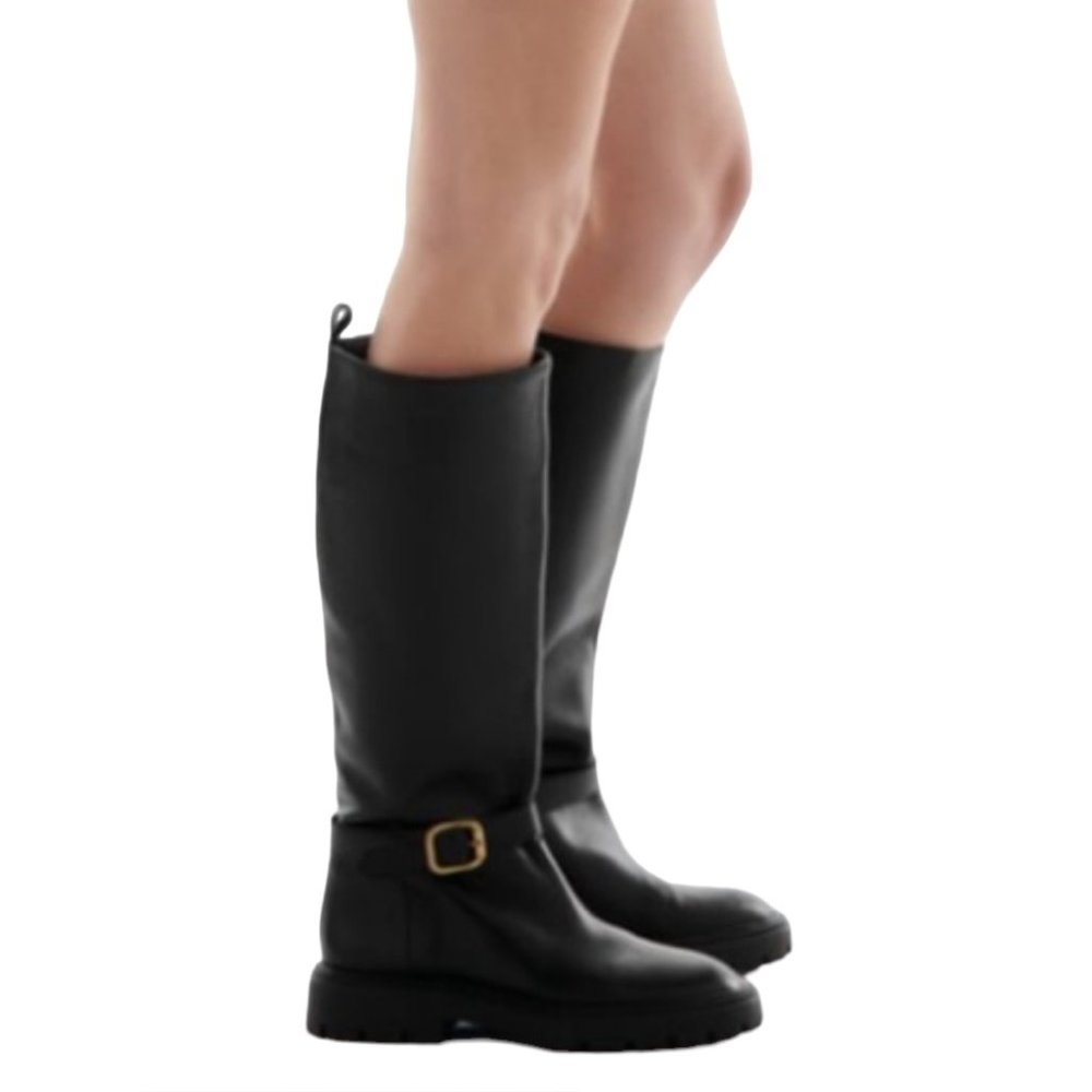 Zara Real Leather Black Buckled Knee High Boots chunky combat nwot sz 6